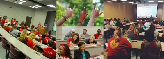Collage of photographs of students in classrooms within the Moody College of Business.